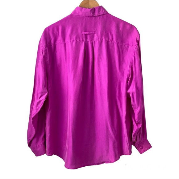 Vintage 100% Silk Bright Fushia Pink Button Down Long Sleeve Blouse Shirt Tunic - Picture 3 of 7